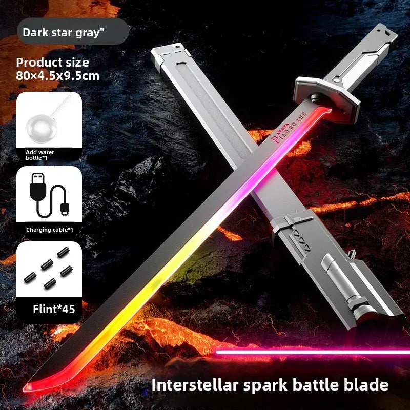 Cyberpunk Drifter Spark Neon Lightsaber Toy 31.5" Spark Blade Sound & Fog 8-Color Stream Type-C Rechargeable Rave Cosplay Display – Top Gift for Kids Star Steel