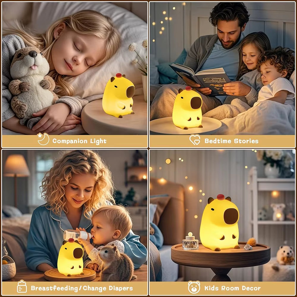 Adorkable Silicone LED Capybara Night Light Animal Lamp Touch Sensor Nightlight Children Kid Bedside Bedroom Decor Birthday Gift