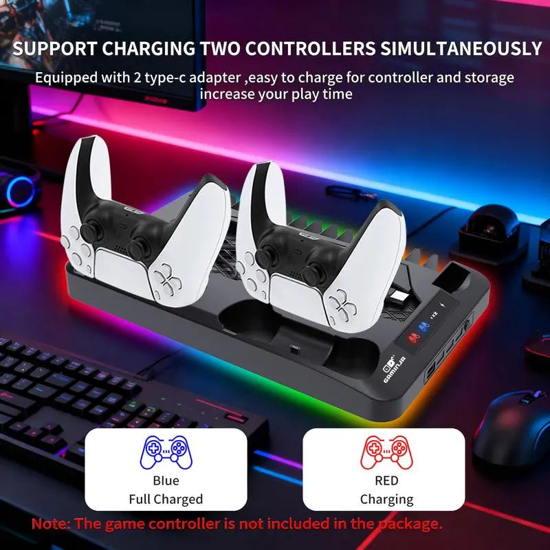 P58 Charging Base Cooling Bracket Compatible with PS5 Console, Vertical Stand Cooling Fan, Multi-Functional Cooling & Charging Station for PS5 Slim Pro All Model Universal