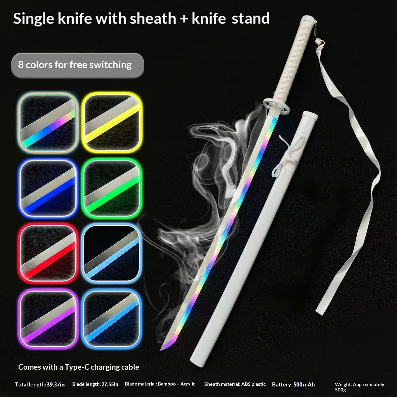 Anime Demon Slayer: Kimetsu No Yaiba Cosplay Prop - the Snow Sword with Mist Effect Glow, Surrounded by Sword Qi，Lantern-Charging Katana Sword Martial Arts Weapon with Scabbard, Drawn Sword. Wooden Knife with Sheath, USB Rechargeable LED Samurai Sword